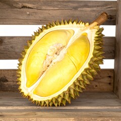 Premium Musang King durian with golden yellow flesh and thick spikes half-opened on rustic wooden crate isolated background, full depth of field