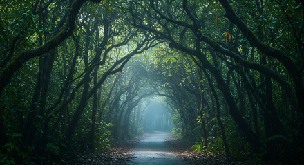 Obraz premium Mystical Woodland Path, A Tunnel Of Green Branches And Foggy Light