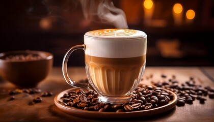 steaming latte with artistic foam surrounded by coffee beans in cozy setting