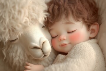 A serene image depicts a child sleeping peacefully beside a fluffy alpaca, both enveloped in tranquil slumber.