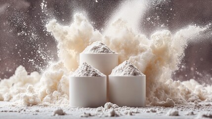 Three white containers with white powder exploding around them on a gray surface.