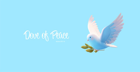 Dove of peace flying with green branch, 3D. Symbol of peace, tidings, and good news. For concepts of religion, reconciliation, and celebration. Vector illustration.