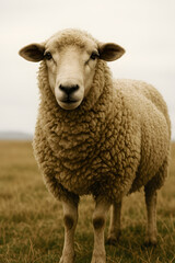Fototapeta premium A close-up portrait of a sheep with thick wool standing in a field in a realistic digital painting style