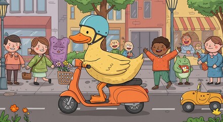 Duck Riding Scooter in City with People Watching Cartoon Illustration