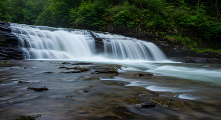 Obraz premium Scenic Waterfall Cascading Through Lush Green Forest With Long Exposure