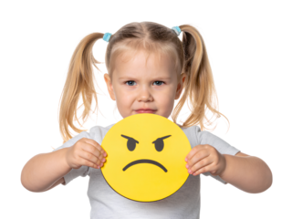 Little girl holding up an emoji with a frowning face, isolated on a transparent background png