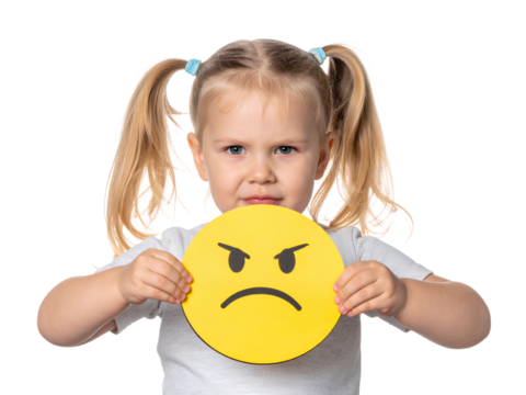 Little girl holding up an emoji with a frowning face, isolated on a transparent background png