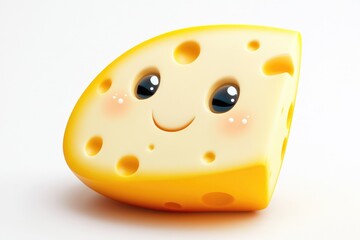 Fototapeta premium A cartoon wedge of Swiss cheese with a cute smiley face on a plain white background.