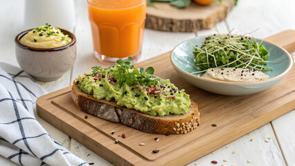 Avocado toast with microgreens, served with salad, hummus, and orange juice on wooden board, creating fresh and healthy breakfast vibe