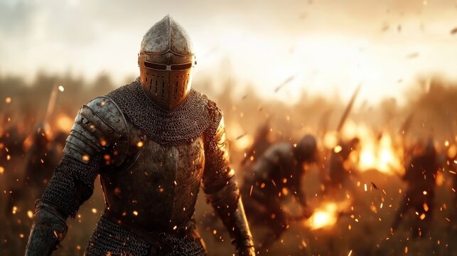 A formidable knight in gleaming armor stands resolutely on a war-torn battlefield, evoking themes of courage, strength, and the chaotic nature of conflict.