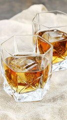 Two whiskey glasses with ice on a linen cloth, rustic background. Perfect for advertisements