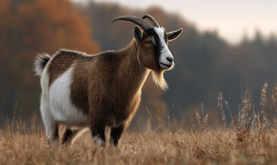 Fototapeta premium Brown goat in autumn field, standing with sun shining. Peaceful outdoor scene