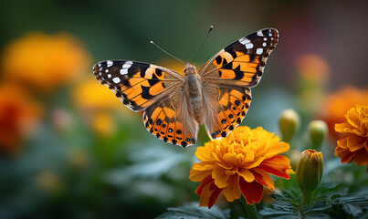 Butterfly in flight amidst orange marigolds, showcasing vibrant wings. Beautiful floral composition