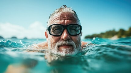 An energetic senior man is seen swimming in bright clear ocean waters, showcasing a joyful expression as he enjoys a vibrant day at the beach under the sun.
