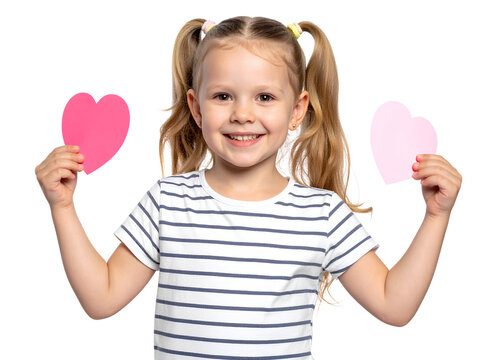 Little girl holding smiley face cutouts isolated on a transparent background PNG