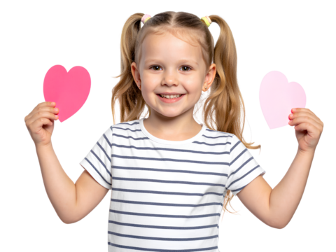 Little girl holding smiley face cutouts isolated on a transparent background PNG