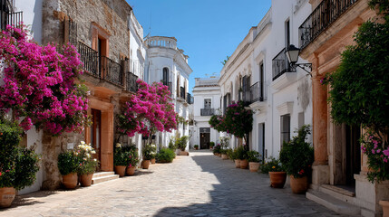 Fototapeta premium Charming European street view featuring white buildings, blooming flowers, and cobblestone pathways under a bright sky