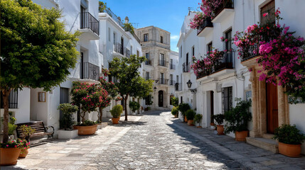 Fototapeta premium Charming stone street with white buildings and vibrant flowers, sunny day