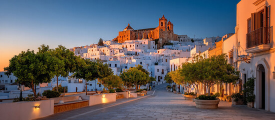 Obraz premium Charming white houses climbing a hill at dusk, under a clear sky, a stunning urban landscape