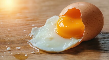 A freshly cracked egg rests on a wooden surface, showcasing a bright yolk and translucent egg white, symbolizing purity and the essence of cooking ingredients.