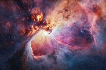Obraz premium A mesmerizing view of a vibrant nebula, showcasing interstellar clouds of gas and dust illuminated by starlight, displaying cosmic beauty.