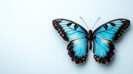 A beautifully detailed blue butterfly rests elegantly on a soft light background, capturing the essence of nature’s intricate beauty and the fragile joy of life.