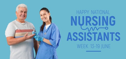 Diabetic senior man and nurse on blue background. Happy National Nursing Assistants Week