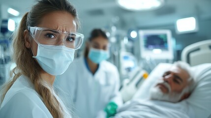 A healthcare professional wears protective gear while attending to a patient in a hospital setting, highlighting the importance of care and safety in medical environments.
