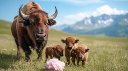 A captivating image of a bison family grazing peacefully in a lush field, with a whimsical touch of cotton candy, blending nature and fantasy beautifully in the landscape.