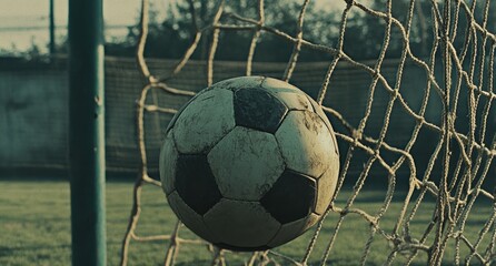 Soccer ball lodged in a goal net.  A dirty soccer ball sits suspended in a net
