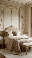 Classic royal themed hotel bedroom in golden and beige with luxurious grand bed and soft aristocratic design elements for elegance Luxurious Bedroom Interior Design