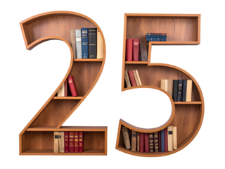 25 the numbers made of bookshelves, transparent background, PNG