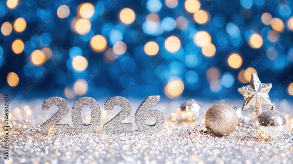 Aufkleber sparkling digits show the year 2026 surrounded by festive ornaments and soft bokeh lights creating a