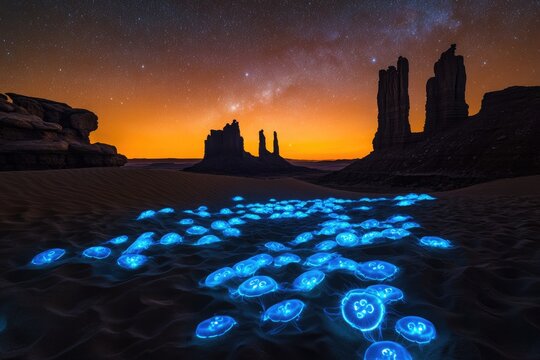 A surreal desert landscape filled with glowing jellyfish beneath a starry night sky and rocky formations.