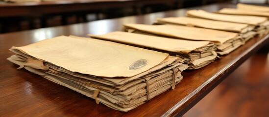 Bundles of aged papers stacked neatly on a rich mahogany office table