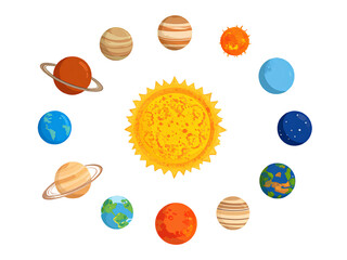 Vector cartoon solar system planets and sun icon set, isolated on a transparent background png