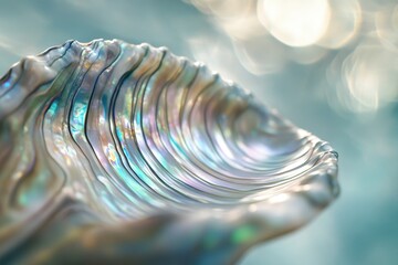 Iridescent shell with pearly luster shows smooth, curved surface with captivating reflections, against a soft, light-filled background.