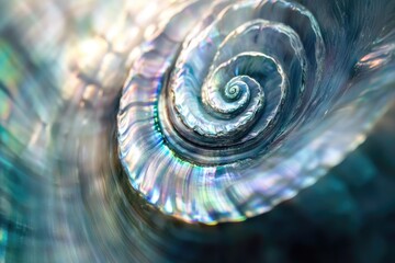 Close-up of a shimmering abalone shell, spiraling inward with iridescent colors and a captivating, natural, geometric pattern.