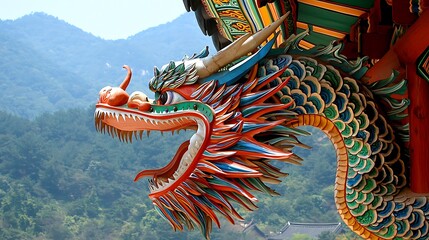 Obraz premium Colorful dragon statue on temple roof against mountain backdrop.