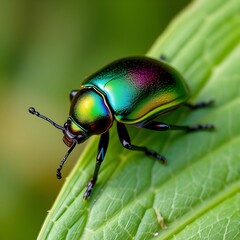 Naklejka premium A beetle with iridescent metallic shell, on a green leaf.