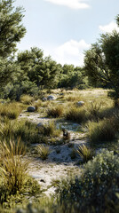 Ideal Quail Habitat Highlighting Natural Harmony with Mixed Vegetation and Water Source Under Sunny Skies