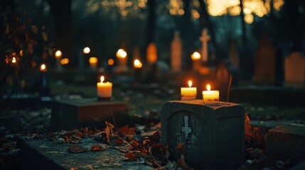 Eerie twilight scene with candles illuminating aged cemetery gravestones at dusk