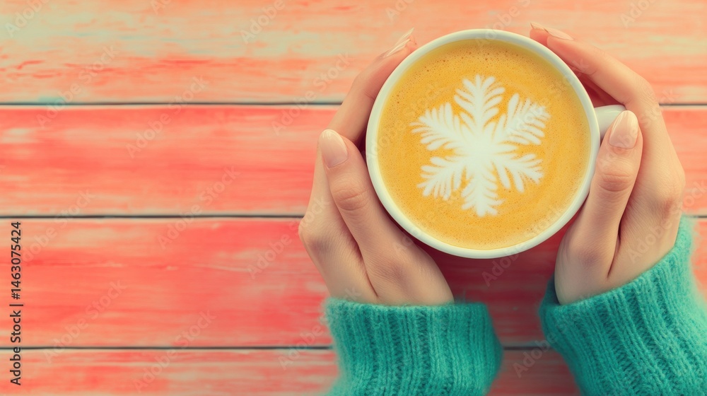 Poster hands wrapped around a warm beverage featuring a snowflake design on top, set against a colorful woo