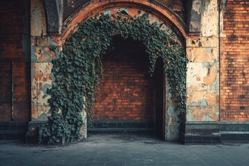 Fototapeta premium An old brick archway covered in green ivy stands against a textured, weathered brick wall.