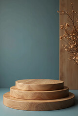 A podium made of wood, a log, a piece of a wooden trunk in the studio, blue walls and an accent on wood, a carpet the color of sand A podium for infographics. Generative AI