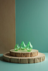 A podium made of wood, a log, a piece of a wooden trunk in the studio for infographics. Green crystals Generative AI