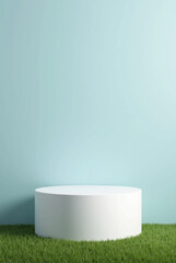 A white podium made of limestone or gypsum, on a green meadow, lawn against a blue sky background. A podium for infographics. Generative AI