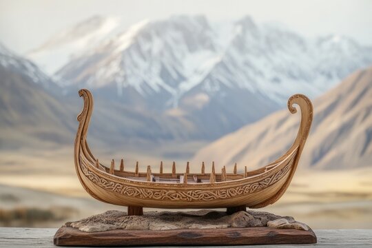 Wooden Viking ship model with intricate carvings sits on a stand against a backdrop of blurred mountains.