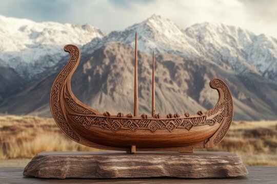 Intricate wooden Viking longship model with detailed carvings stands on a wooden platform, snowy mountains in the background offering a majestic contrast. - Powered by Adobe