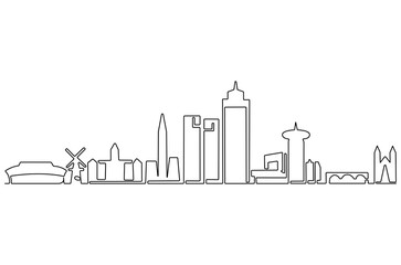 Continuous one line drawing of Amsterdam city skyline. Single line drawing illustration of Netherlands cityscape. Beautiful buildings and architecture concept vector art. Doodle line illustration.
